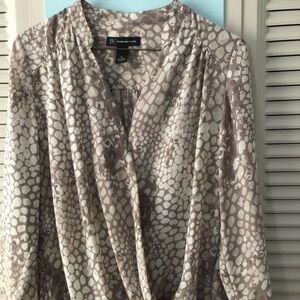 INC grey and white pattern front drape blouse with cuff sleeves. Pretty.